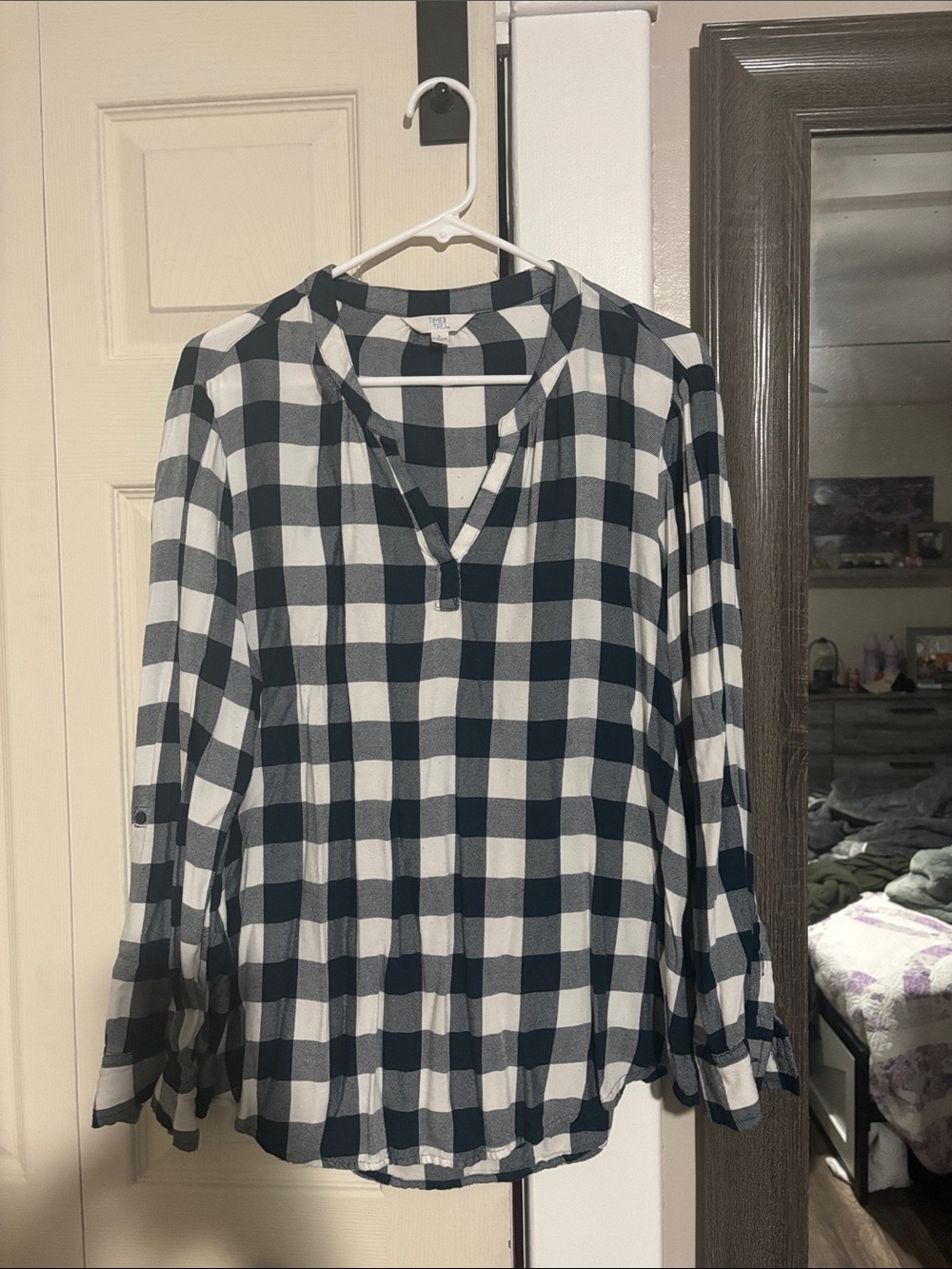 Time and Tru green and White Buffalo Plaid V-Neck Blouse